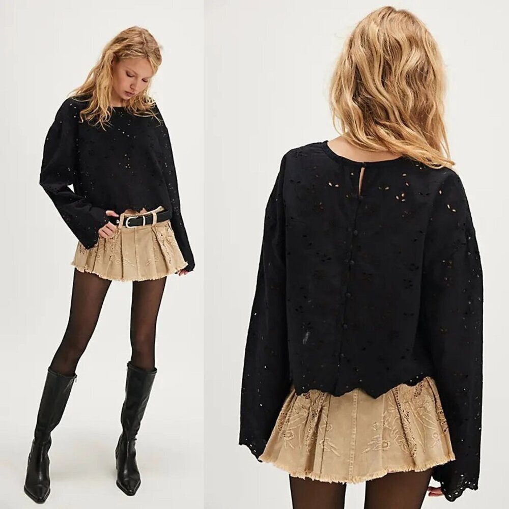 Free People Black Emma Eyelet Blouse Top Size XL 2763